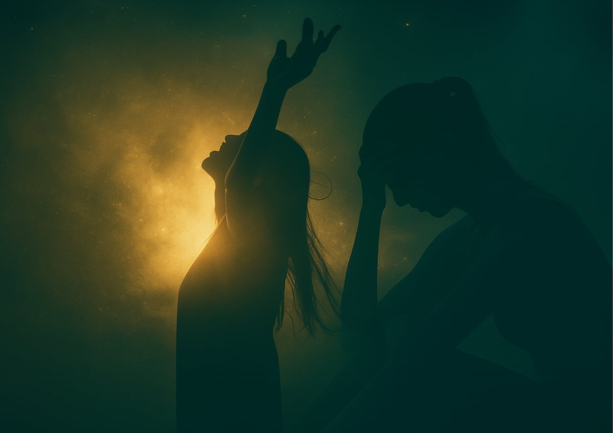 Two silhouettes of a woman — one in despair and one uplifted in golden light — symbolising the shift from ego to Higher Self awareness and soul remembrance.