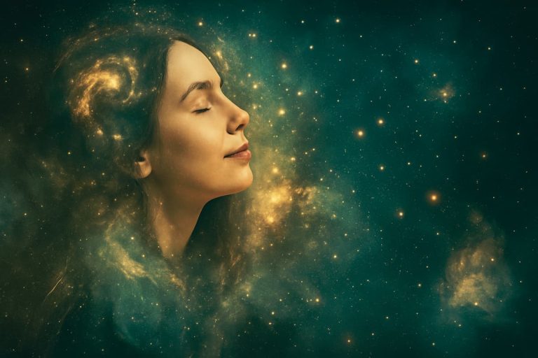 A serene woman’s face with closed eyes merging into a swirling galaxy, symbolising inner peace, soul consciousness, and cosmic connection.