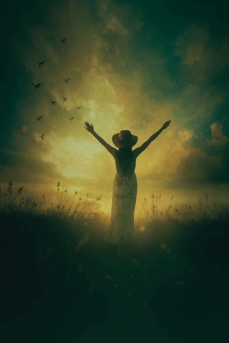 Silhouette of a woman with arms raised toward the light, standing in a field at sunrise, symbolising a spiritual leap of faith and soulful awakening.