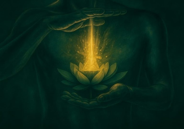 Golden light pouring into an open lotus flower held at the heart centre, symbolising soul connection, inner healing, and divine energy alignment.